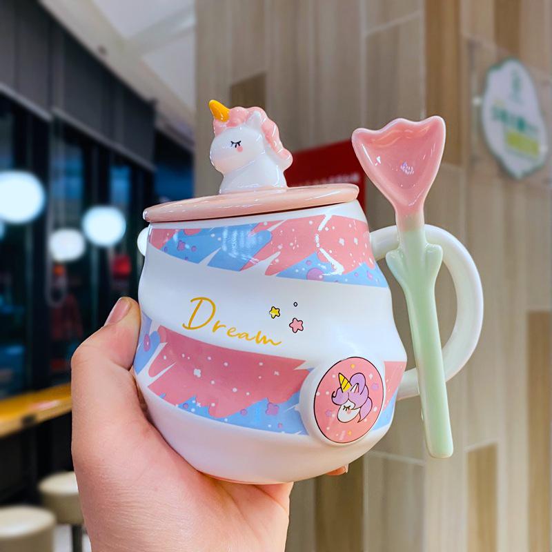 Einhorn Regenbogen Keramiktasse mit Deckel & Löffel - Niedliche Trinktasse für Mädchen