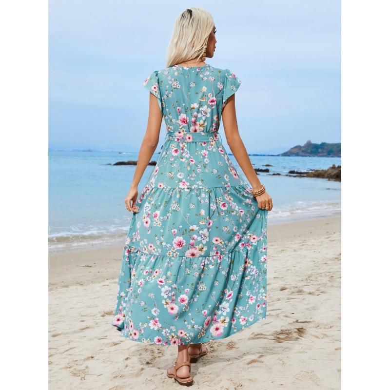 Women's Print Flower Waist Strap V-neck Short-sleeved Dress Bohemian Holiday Beach Dress