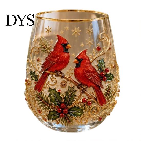 Christmas Themed Water Mug 330ML Glass Cup, Wreath/Santa Claus/Elk/Stockings/Snowman Pattern Holiday Glassware Compact for Breakfast Wine, Coffee,