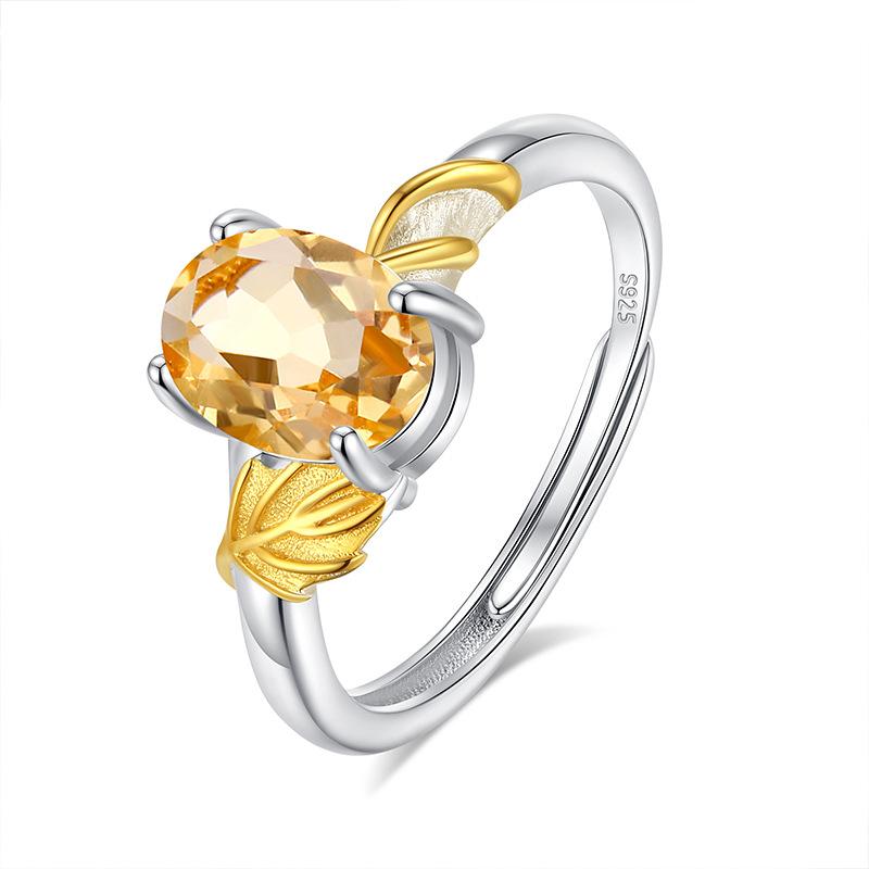 Natural peridot s925 sterling silver ring adjustable crystal stone topaz gold leaf ring light luxury fashion gift