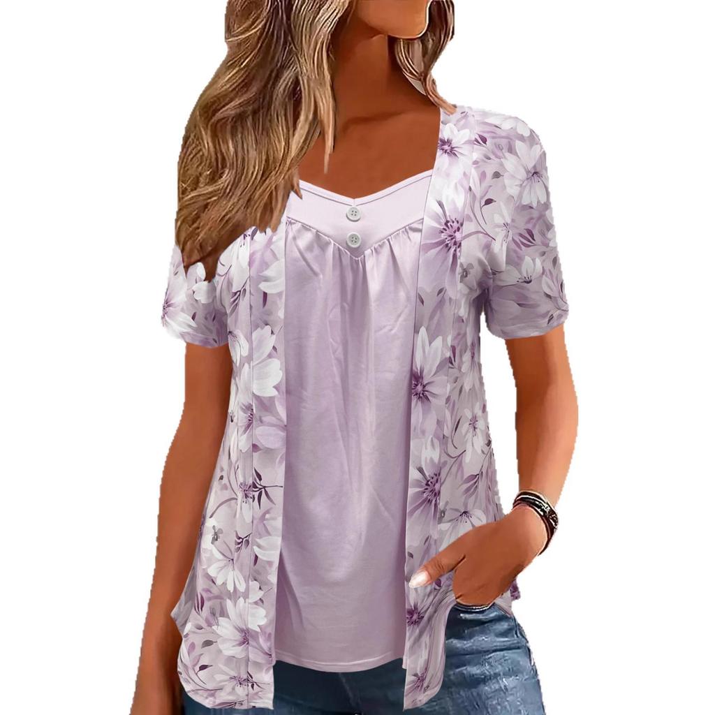 2025 Spring/Summer Women's Fake Two-Piece Short-Sleeve Button Print Top