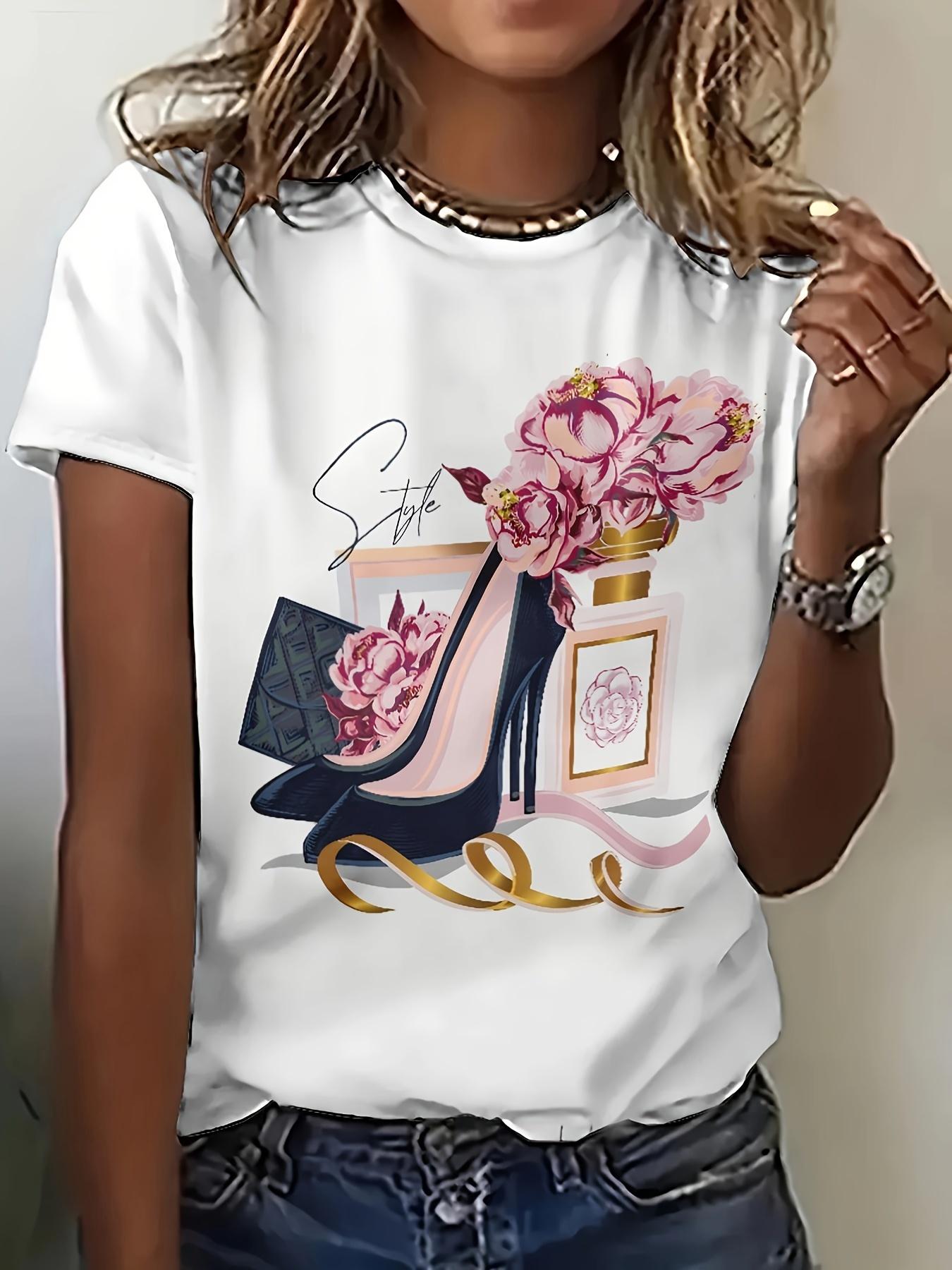 

Европейские размеры Женская футболка с принтом на всю фигуру с 3D розовой розой и черной туфлей на высоком каблуке - Повседневная блузка с коротким рукавом и круглым вырезом для - Носки, Наряды S белый