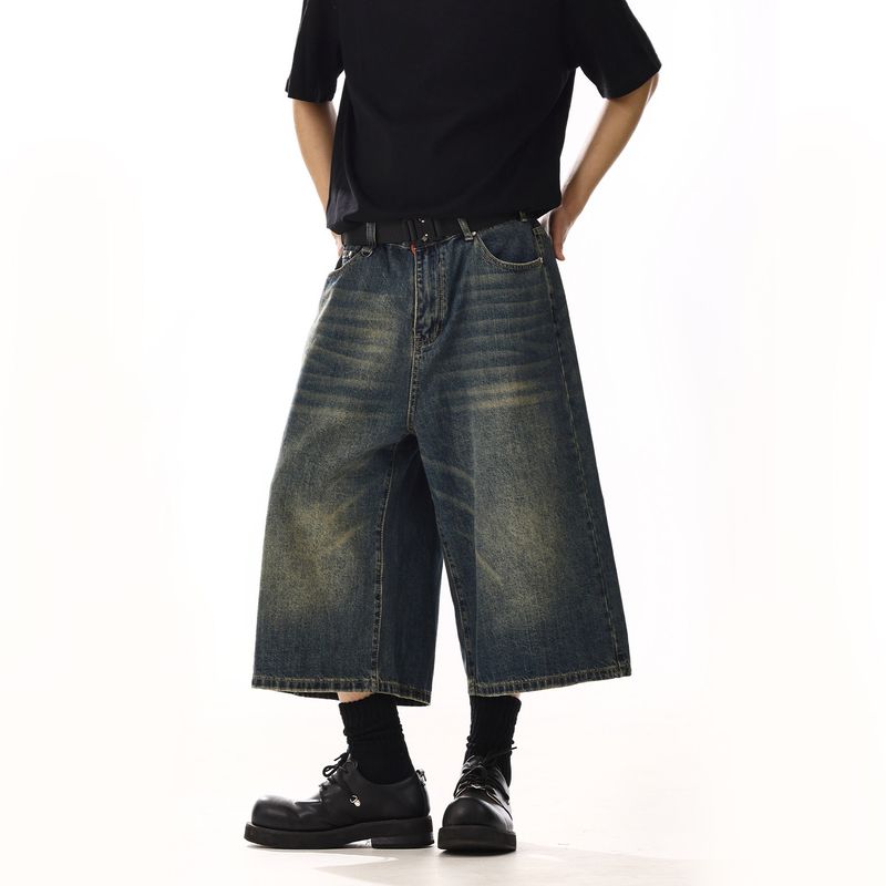 American Retro Denim Cropped Pants Male and Female Trendy Brand Washed Fancy Loose Easiest for Match Casual Wide-Leg Denim Shorts Denim Shorts