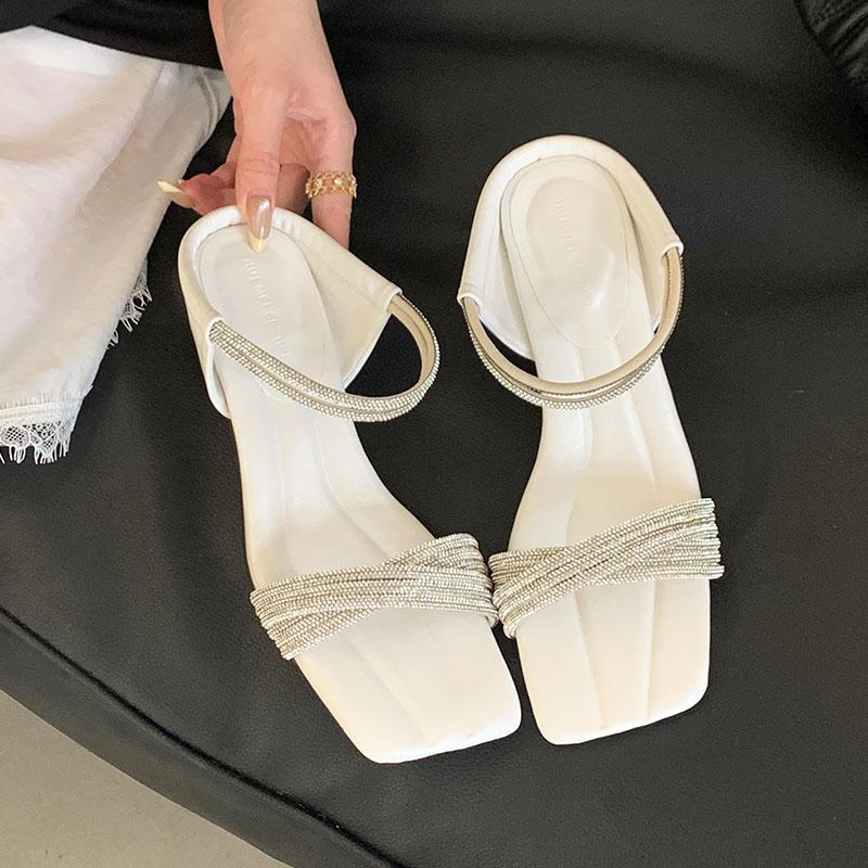 

Fashion Luxury Fashion Rhinestones Women Low Heel Sandals Shoes Female Summer Spring Bling Ladies Heeled Sandals Slides Shoes 35 белый