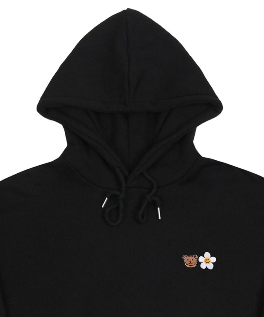 [Unisex] Small Flower Bear Face Embroidered Smile Hoodie_Black