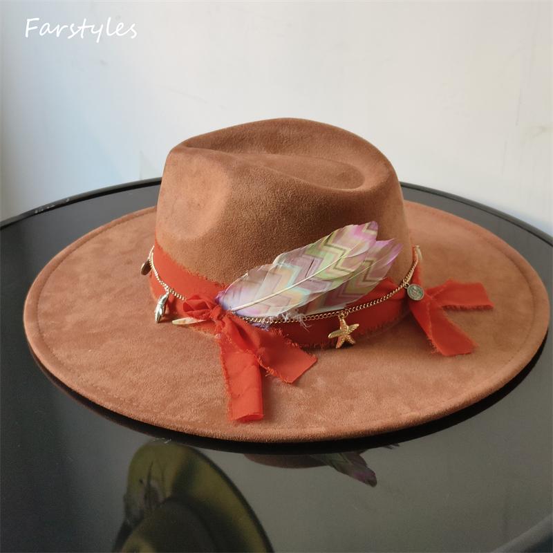 9.5 Cm Wide Brim Suede Hat for Men Women Feather Fedoras Flat Hat Jazz Hat Felt Hat Gentlemen Top Hats Fedora Sombrero Hombre