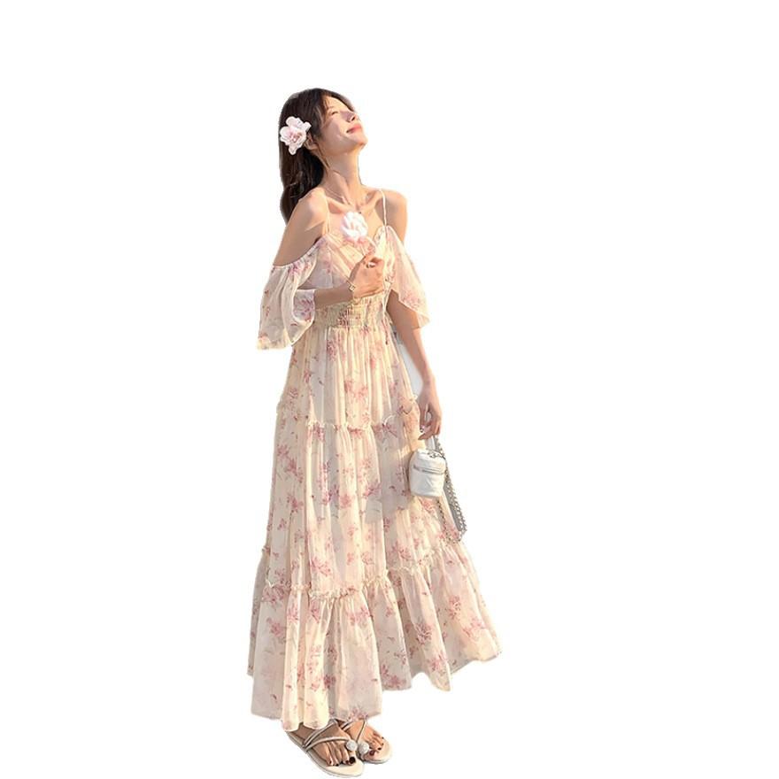 Huge good-looking off-the-shoulder lotus leaf sleeve floral dress for women's summer new fairy fluttering suspender long dress