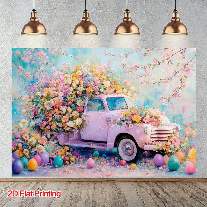 2D Colorful Easter Egg Truck Backdrop for Holiday Celebrations