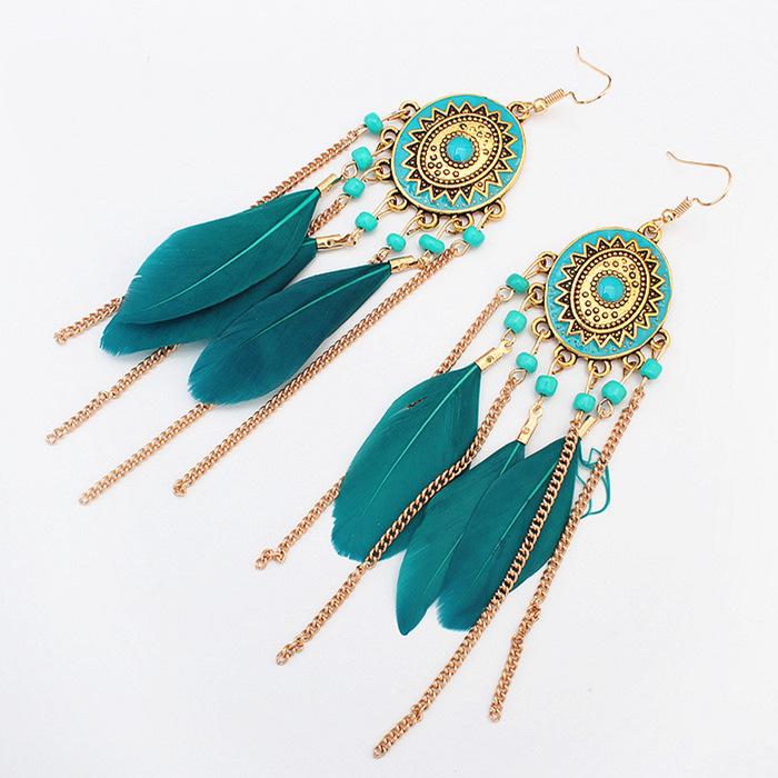 Wind Bohemian Painted Glazed Feather Fringed Earrings Fashion Temperament Women's Earrings Long Necklace Accessories