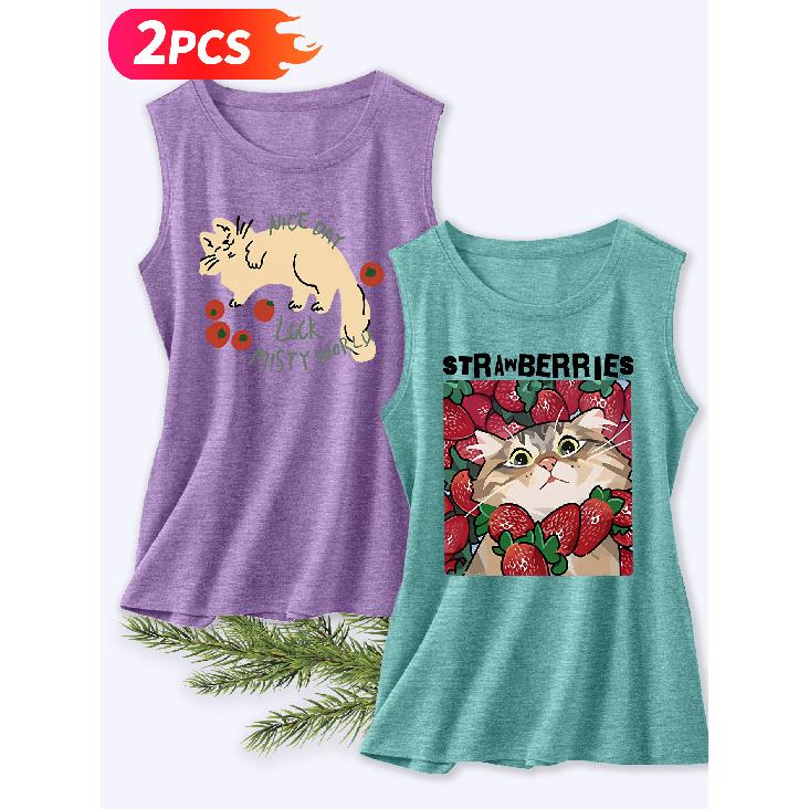 Follow a Specific Direction Two-piece Women's Vest Set Funny Cat Doodle Print Elegant Summer Party Outfits Sleeveless Vest Essential Fashion Items