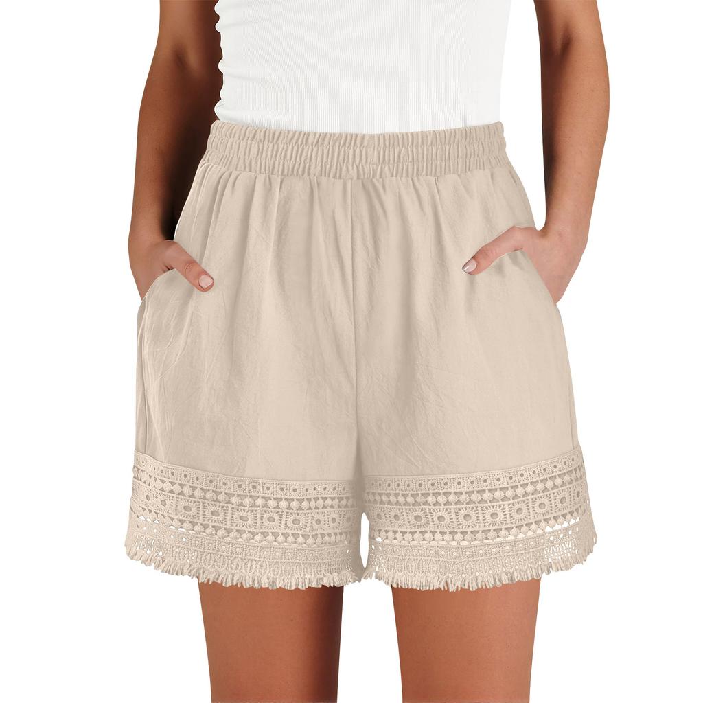 Women’s High Waist Elastic Shorts with Crochet Lace Trim Loose Fit Lightweight Summer Casual Shorts with Pockets