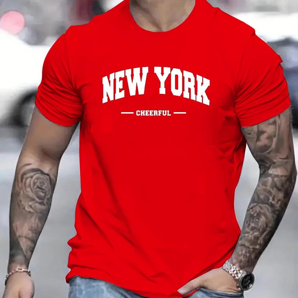 Men's 100% Pure Cotton Summer Loose Fit Oversized New York Cheerful Print Casual Slim Fit Round Neck Short Sleeved T-shirt Top