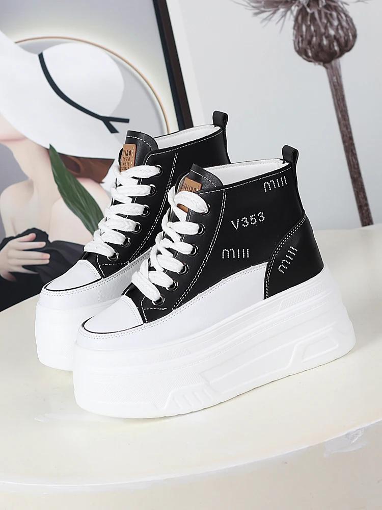 Fashion 12CM Genuine Leather Vulcanize Ankle Booties Women Chunky Sneaker Loafer High Brand Comfy Spring Autumn Platform Shoes