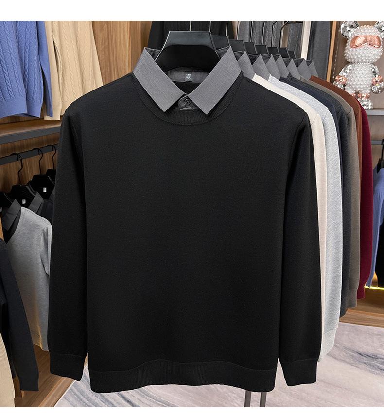 Men's Two-in-One Fleece-Lined Knit Sweater with Shirt Collar for Autumn/Winter
