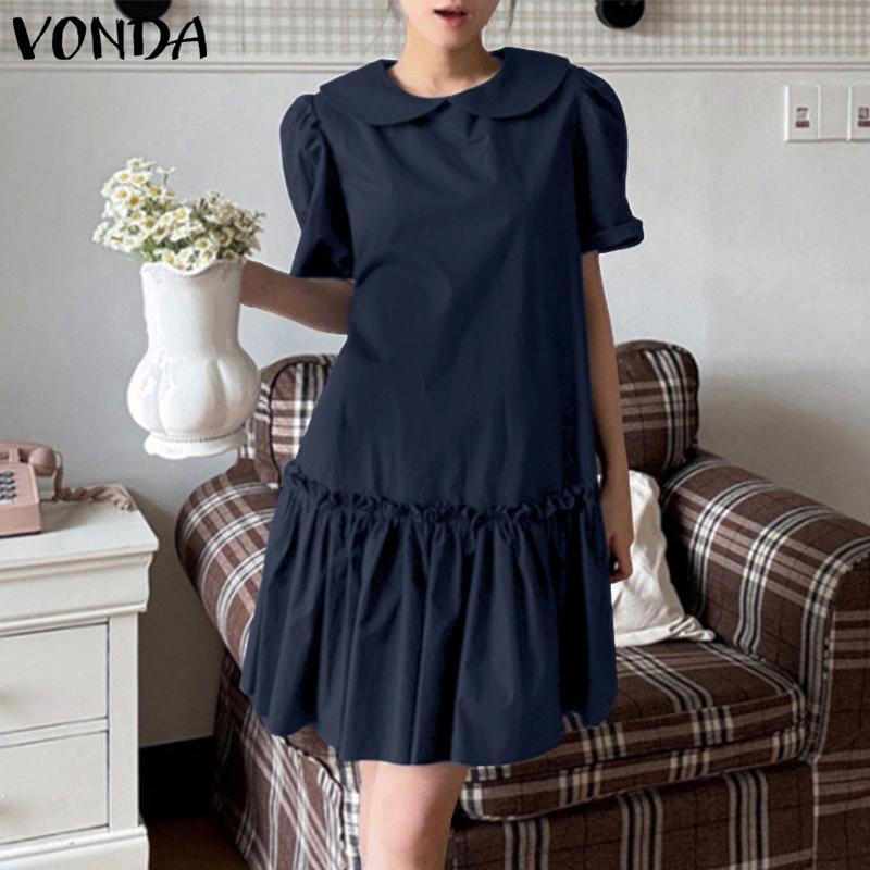 VONDA Elegant Women Casual Lapel Neck Short Sleeve Solid Color Ruffled Dress
