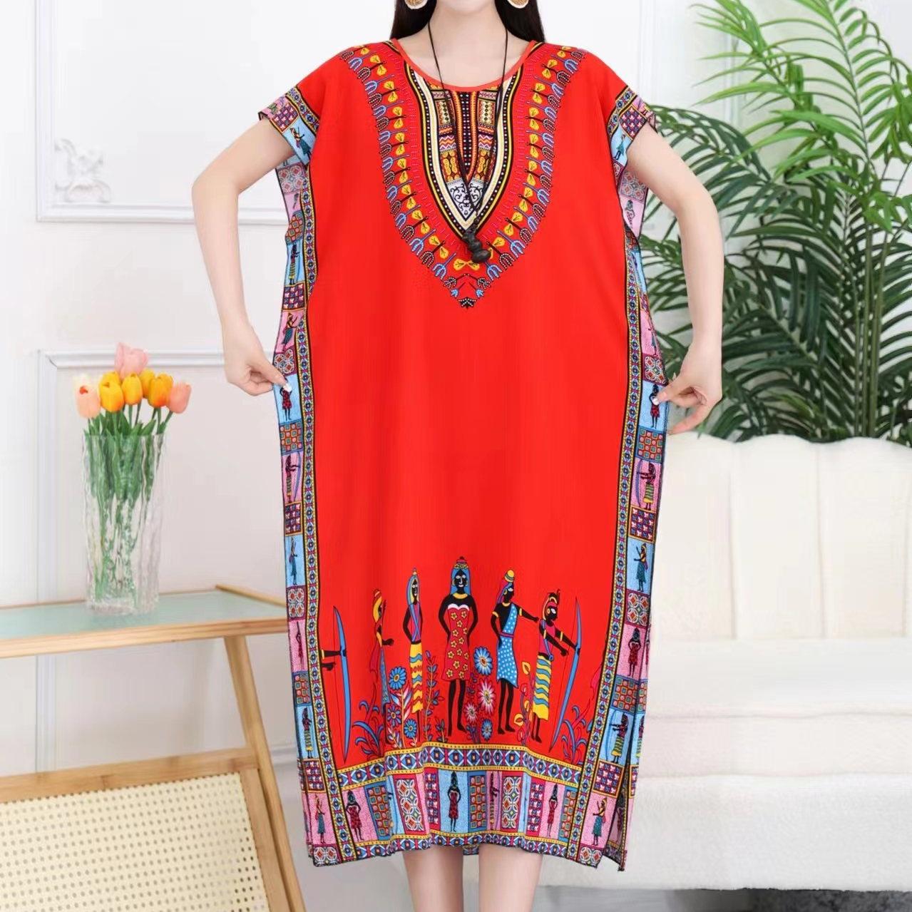 

Casual Elegant Bohemian Printed Ethnic Style Retro Floral Woman Summer Street Wear Batwing Sleeve Loose Tunic Maternity Dress One Size червоний