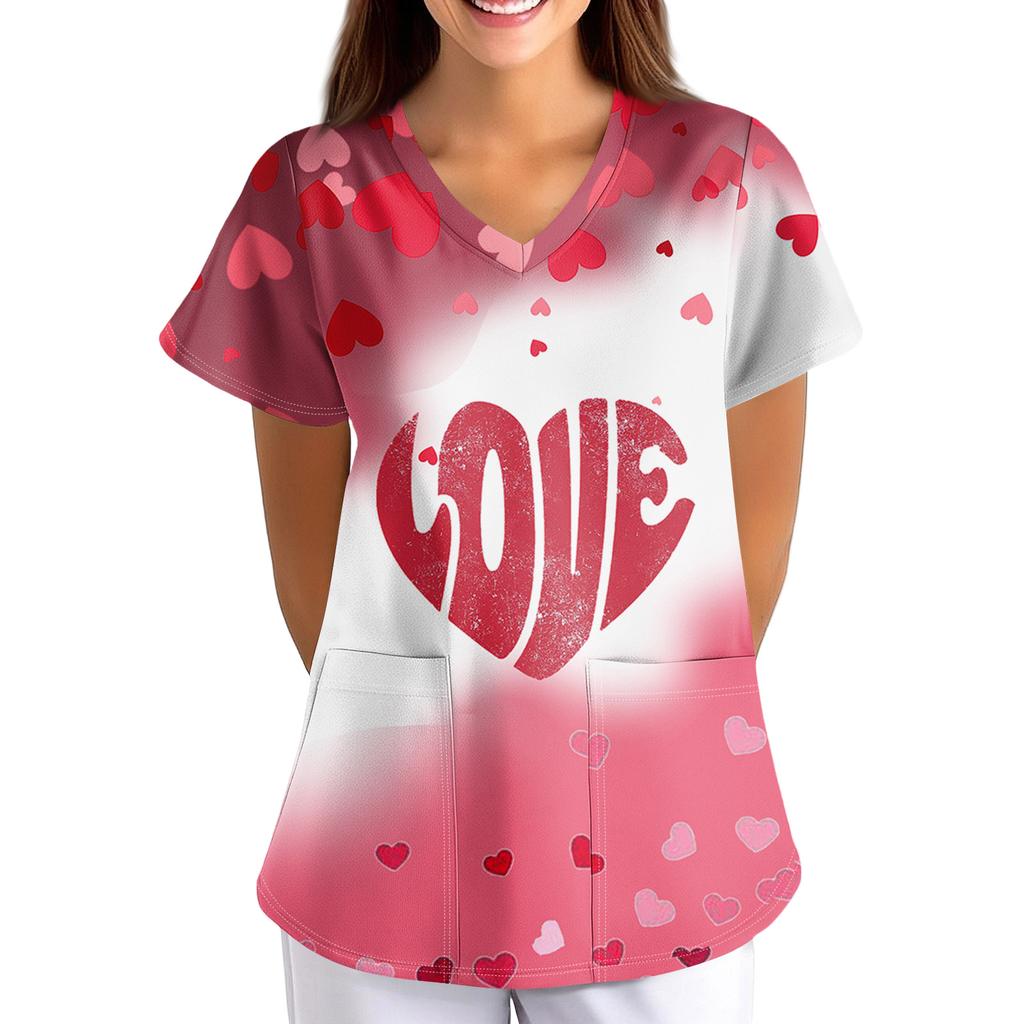 Plus SizeWzorzysty Strój Roboczy Bluzki Dla Kobiet Krój V-Neck z Nadrukiem Krótki Rękaw Zabawne T-Shirty Odzież Robocza Tee z Kieszeniami