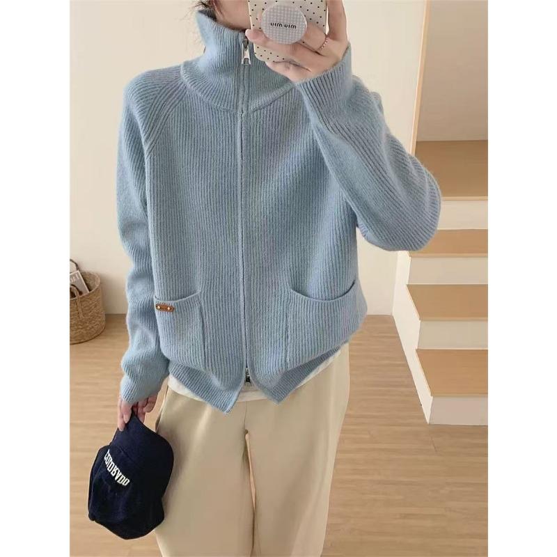 

Осень и зима отложной воротник двойная молния однотонный двойной карман повседневный кардиган темперамент тонкий универсальный ленивый стиль вязаный свитер One Size синий