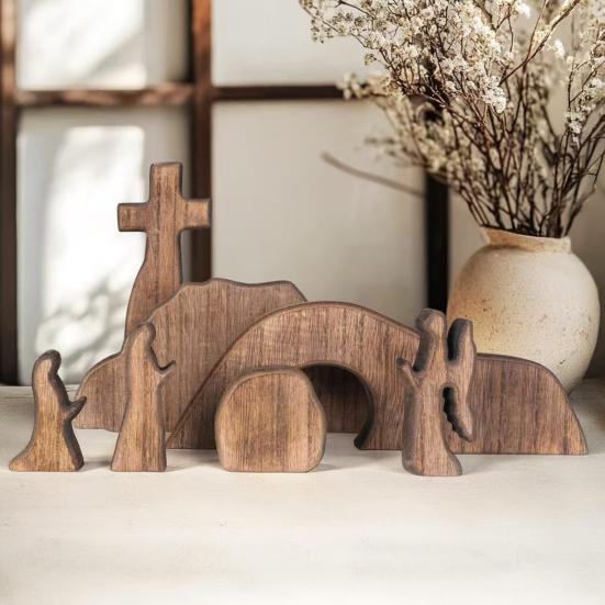 Crèche en bois représentant un tombeau vide, avec scène de la Nativité et de la Résurrection, pour la maison, le bureau ou l'église. Décoration religieuse pour Pâques.