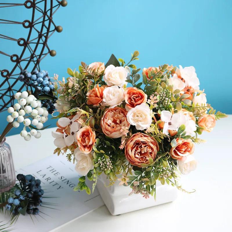 Peonies & Rose Artificial Flowers - Autumn Silk Hydrangea Bouquet, Wedding Arrangements & Home Decoration