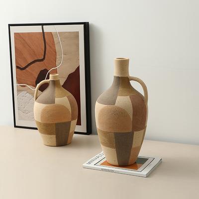 Keramikvase Schachbrettmuster Farbblockiert Geometrischer Henkel Topf Keramikflasche Blumenvase Heimdekorationszubehör