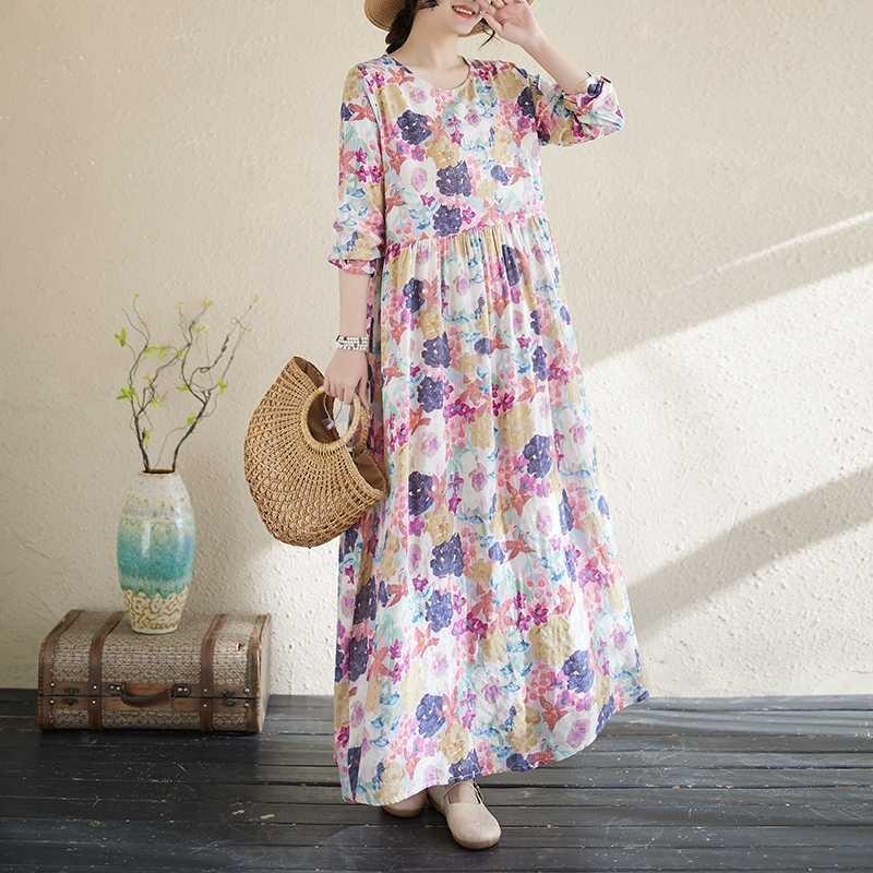 Literary Aging New Floral Vacation Style Travel Round Neck Long Sleeve Dresses