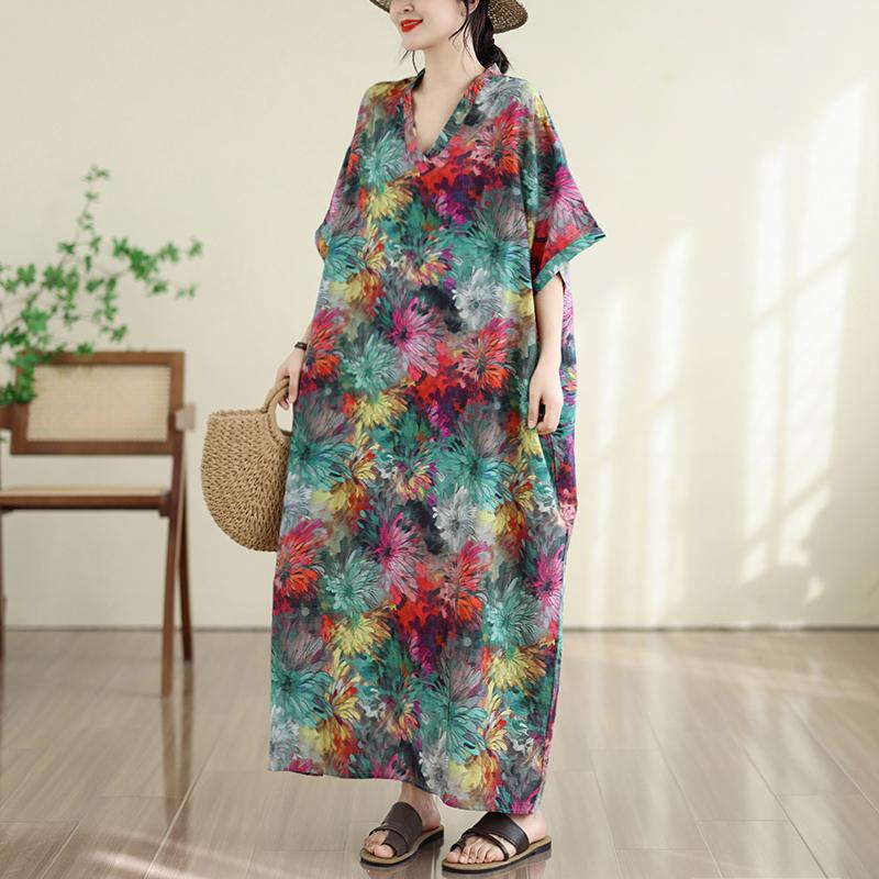 DIMANAF New 2026 Women Plus Size Summer Long Dress Casual Cotton Loose Oversize Maxi Floral Print Beach Sundress