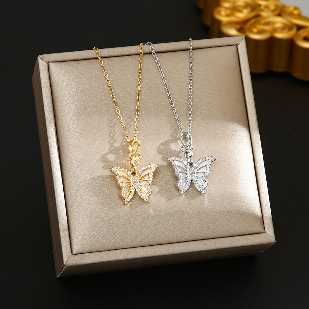 Korean Butterfly Tassel Luxury Diamond Titanium Steel Necklace - Women's Versatile Clavicle Jewelry