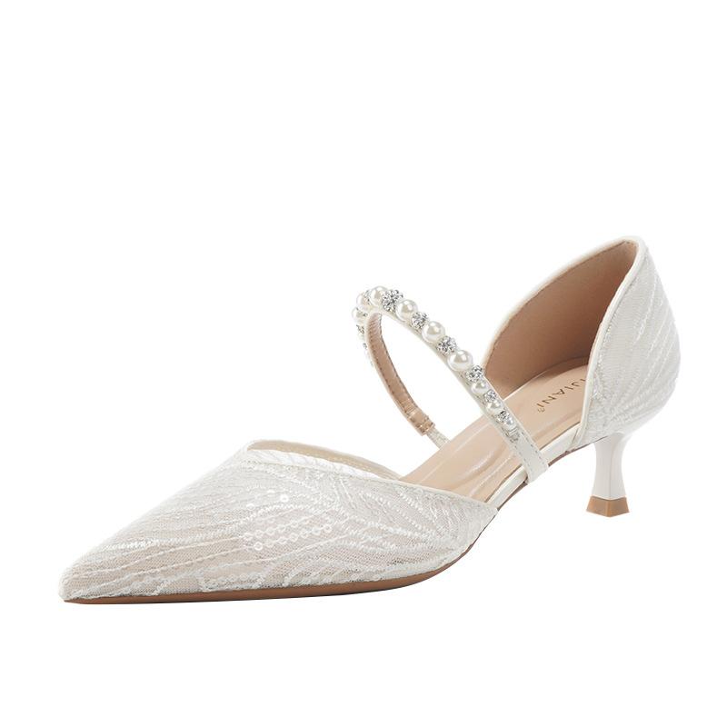 Mesh Word with Rhinestone Temperament High Heels Women's Pointed Head Thin Heel Medium Heel Single Shoes Wedding Shoes Bridesmaid Shoes