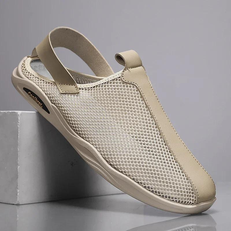 2026 Men's Summer Sandals Comfortable Outdoor Breathable Casual Shoes Beach Shoes Flat Business Soft Mesh Leather Sandals Male