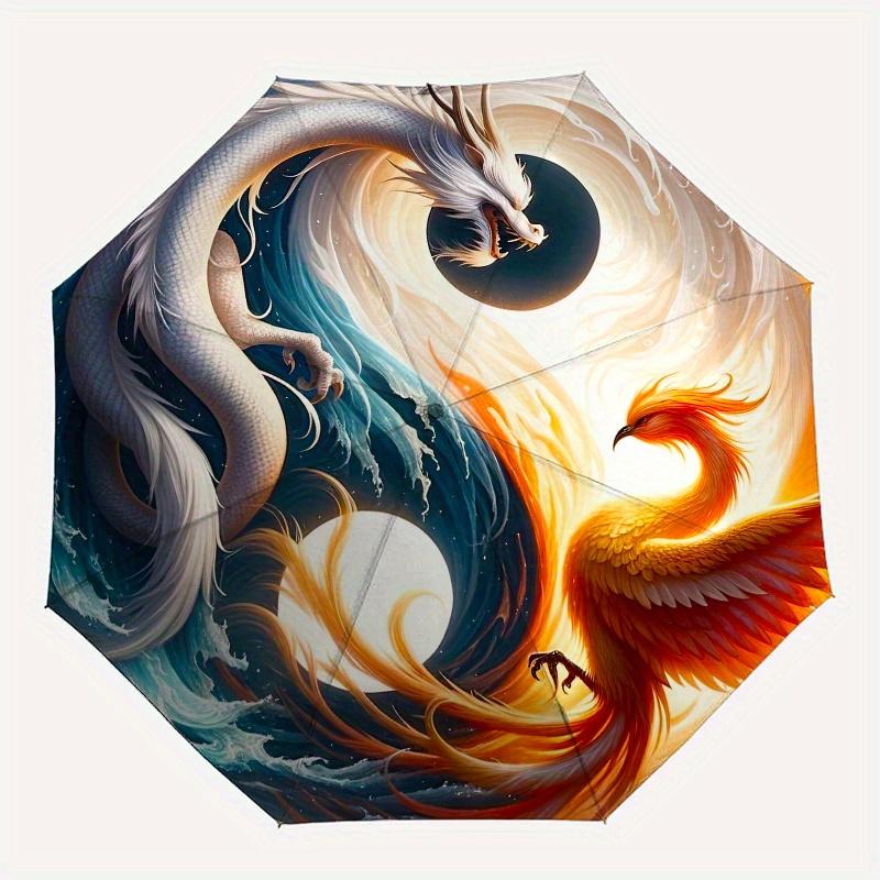 Yin Yang Dragon Phoenix Circular Art Print Wall DecorUmbrella, Portable 3-Fold Compact Umbrella for Men & Women Gift