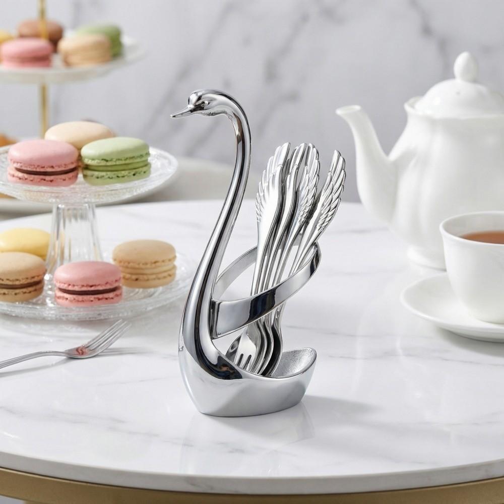 Stainless Steel Cutlery Holder Racks with Forks Spoons Dessert Forks Spoons Swan Cutlery Set Tea