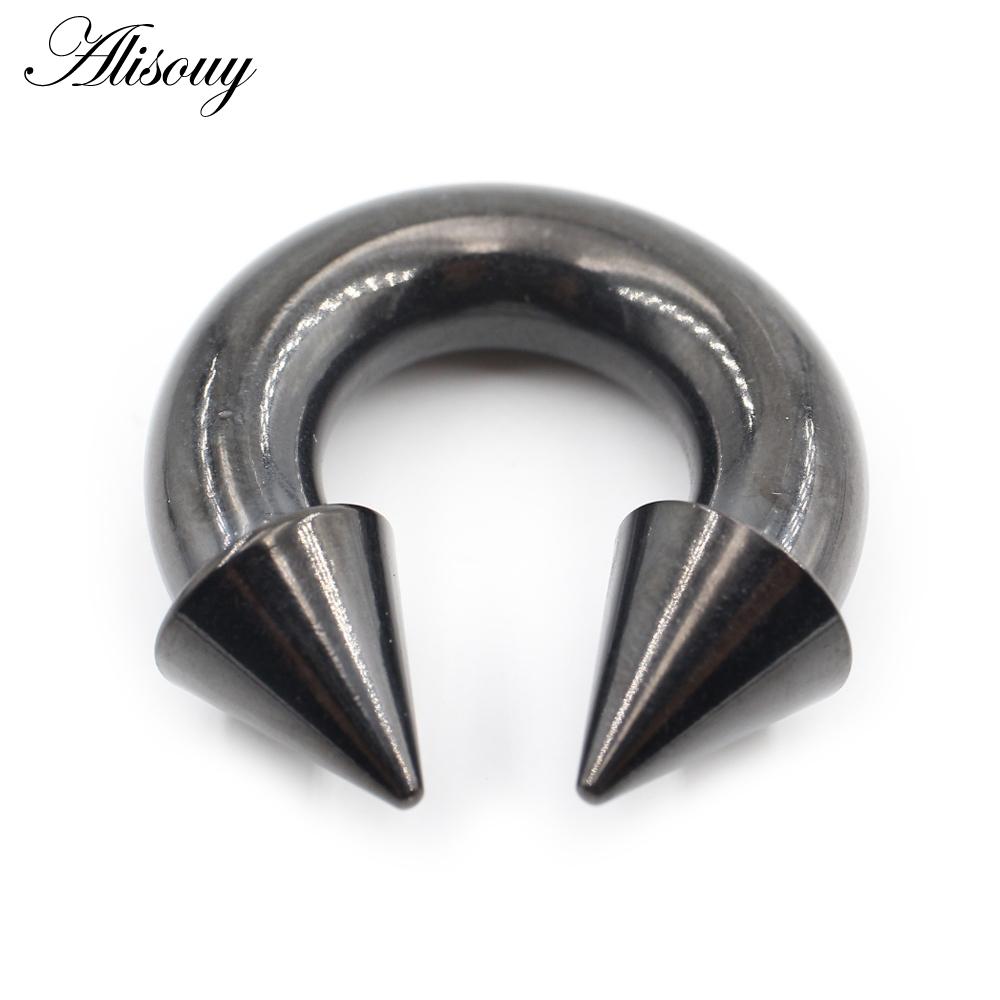 Alisouy 1 Stück Nasenring mit Hufeisen-Spikes, Edelstahlkegel, großes Piercing, Septum-Ohr-Expander-Stecker mit Innengewinde, Schwarz