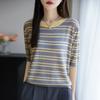 Tencel Crew Neck Striped Knitted Sweater Short Sleeve Women's Summer New Fashion Versatile Gradual Change Color Half Sleeve Bottoming Shirt Top