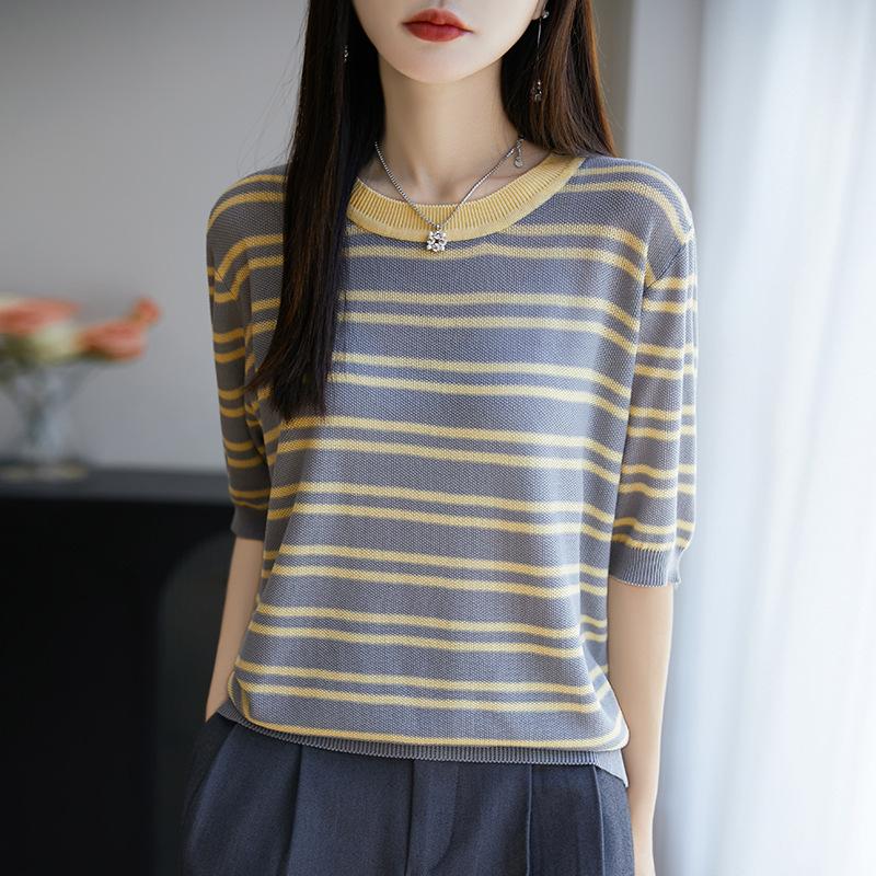 Tencel crew neck striped knitted sweater short sleeve womens summer new fashion versatile gradual change color half sleeve bottoming shirt top XL жёлтый