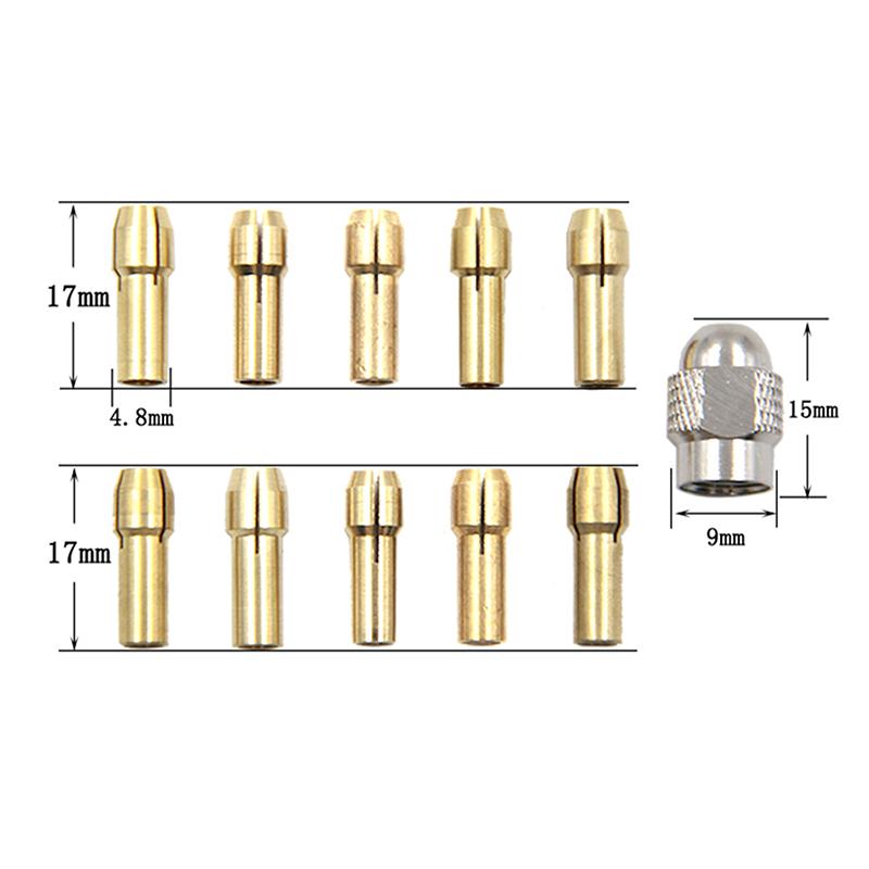 11 ks/sada Mini vrtačka Mosazná kleština Upínací sklíčidlo Pro rotační nástroj 0,5-3,2 mm Mosaz a matice Pro sadu příslušenství Dremel
