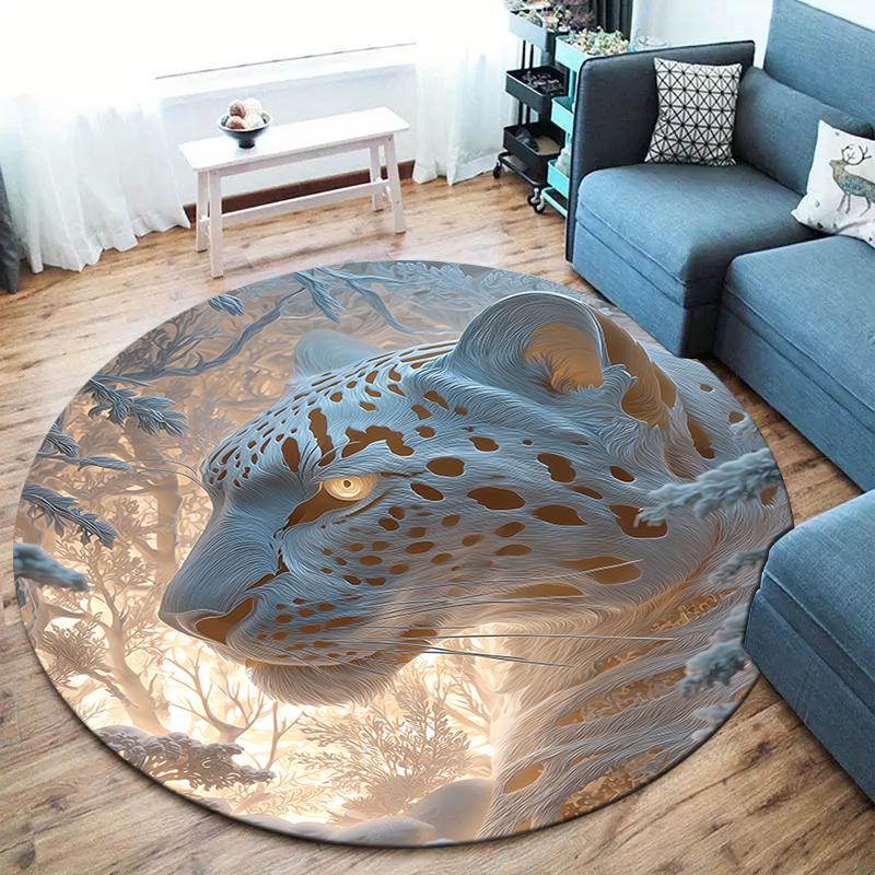 Stone Carving Leopard and Dragon Round Area Rug,Carpet Rug for Living Room Bedroom Sofa Playroom Decor,Non-slip Floor Mat