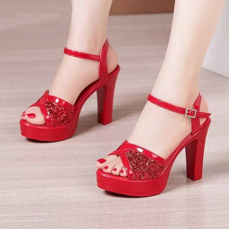 Small Size 32-43 White Red Bling Wedding Shoes Woman Block High Heels Sandals 2025 Summer Women's Platform Sandals Office Model