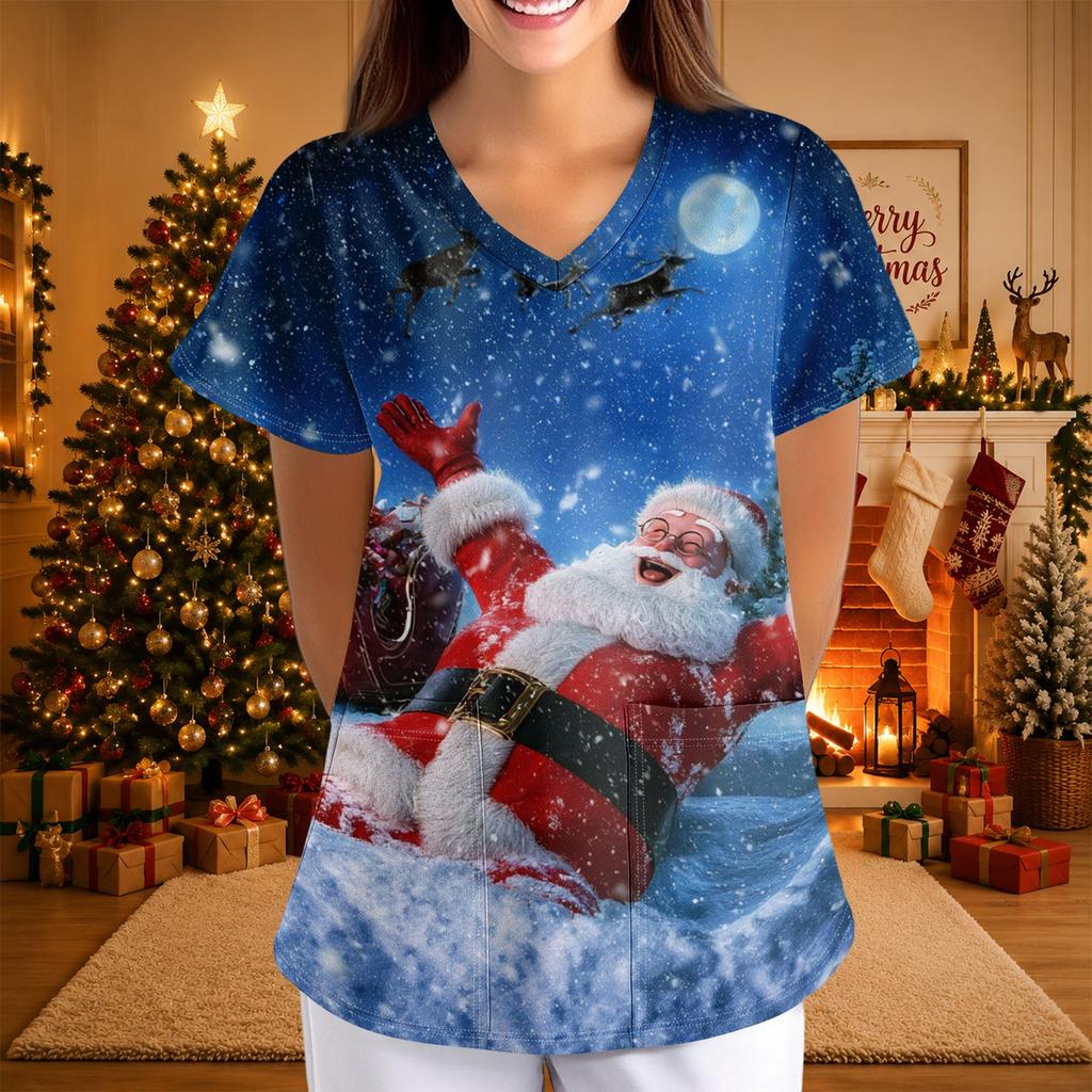 Women's Casual 3/4 Sleeve Neck Top with Christmas Print