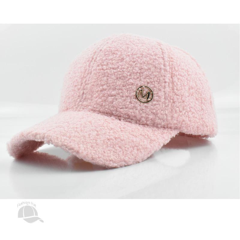 Winter Solid Color M Logo Baseball Cap - Women's Lamb Wool Peaked Hat, Outdoor Warm Casual Fashion Fluffy Visor
