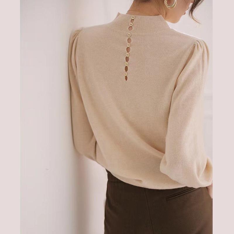 Autumn and Winter New Temperament Semi-turtleneck Back Buckle Design Lantern Sleeves High-end Sense Solid Color Knitted Bottoming Sweater Women