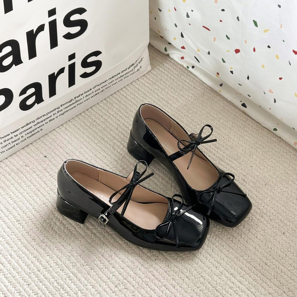 Bow silver French ballet Jane women's shoes single shoes women's thick heels high heels versatile temperament with skirt small leather shoes