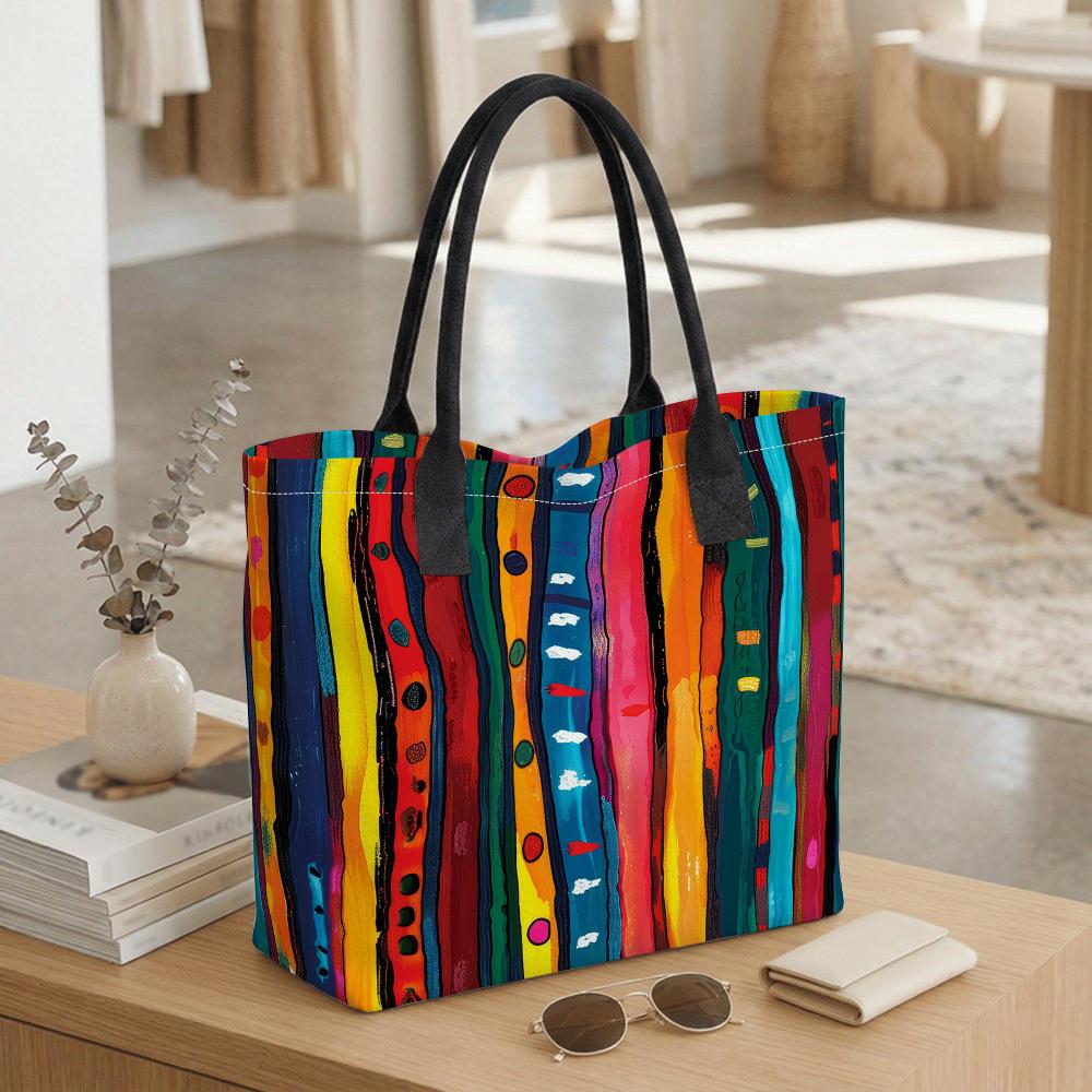 Colorful Striped Art Tote Bag Large Capacity Casual Shoulder Bag for Daily Use