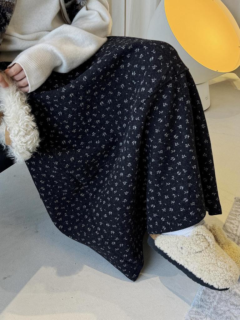 Louvre Winter Retro Floral Wool Tweed A-Line Midi Skirt for Women