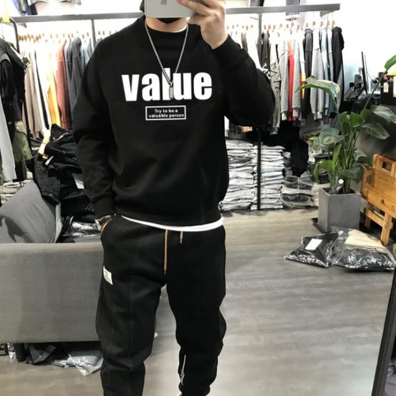 Men s Trendy Round Neck Slim Fit Hoodie with Velvet Lining and Letter Print L (120-140 jin)