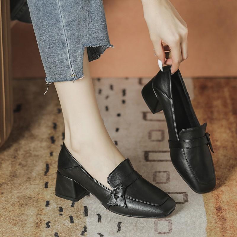 British Style Small Leather Shoes Women's 2024 Spring and Autumn New Versatile Medium Heel Professional Work High Heels Thick Heel Loafers