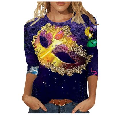 Long Sleeved Glamorous Mask Patterned Top Carnival Themed Printed Women's T-shirts