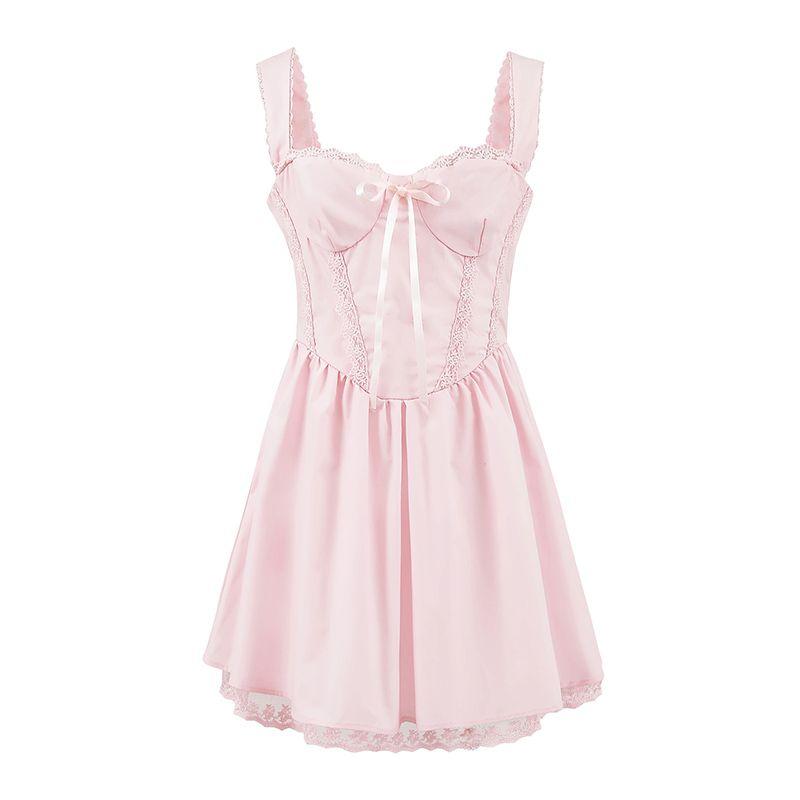 

Yi Hunting Loves French Sweet and Spicy Style Lace Patchwork Suspender Skirt Cut Out Lace Waist-Tight Slimming and Short Dress Pink L