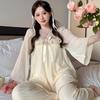 Linglei Long-Sleeved Pajamas Women'S Mesh Yarn Sweet Lace Princess Wind Trousers Set Loungewear