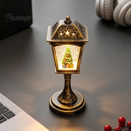 Desktop Healing Decoration Christmas Snow Sphere Lamp, Retro Street Lamp Design, Santa Home Interior Accents Snowman Tree Night Light for Bedroom,